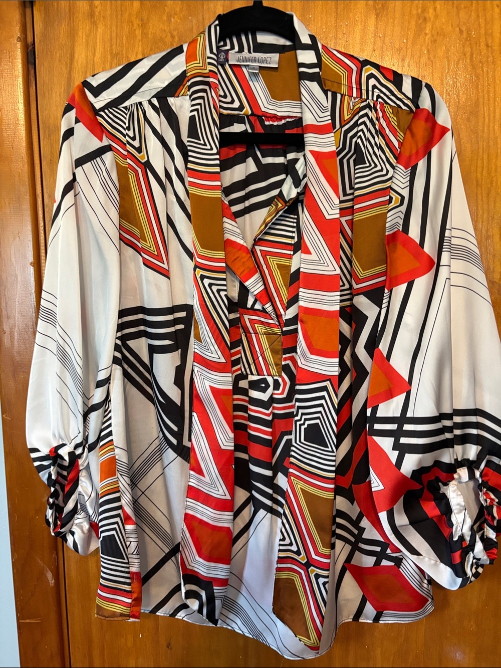 Jennifer Lopez Geometric Button-Down Shirt in White, Red & Gold - Size M